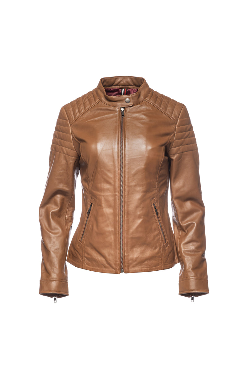 Modern Ribbed Women Leather Jacket-Tan 