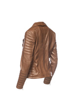 Ribbed Double Rider Leather Jacket - Caramel 