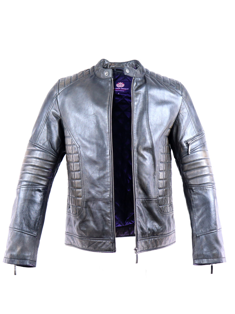 Cafe Racer Leather Jacket - Grey Metallic