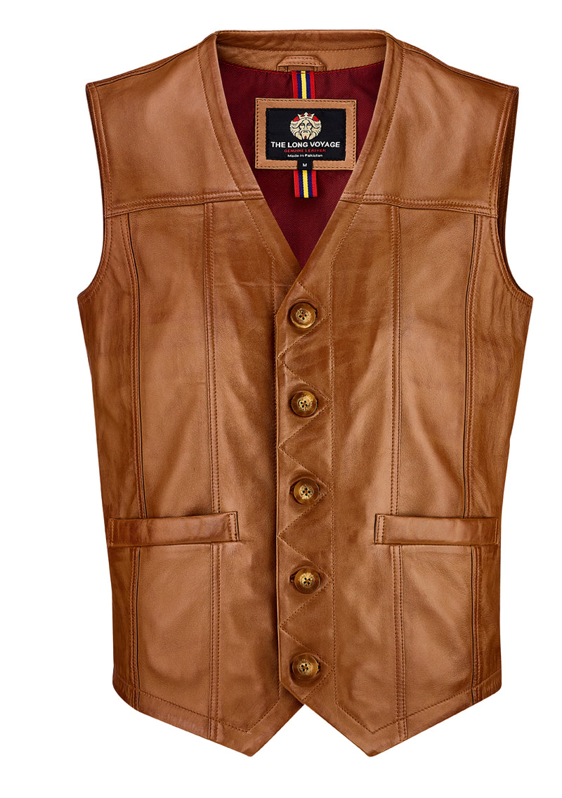 Motorcycle Leather Vest - Tan