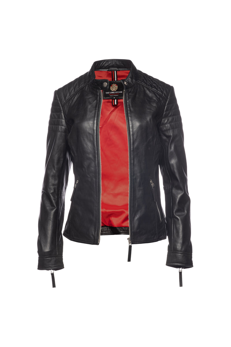 Modern Ribbed Women Leather Jacket-Black 