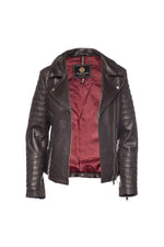 Ribbed Double Rider Leather Jacket-Brown