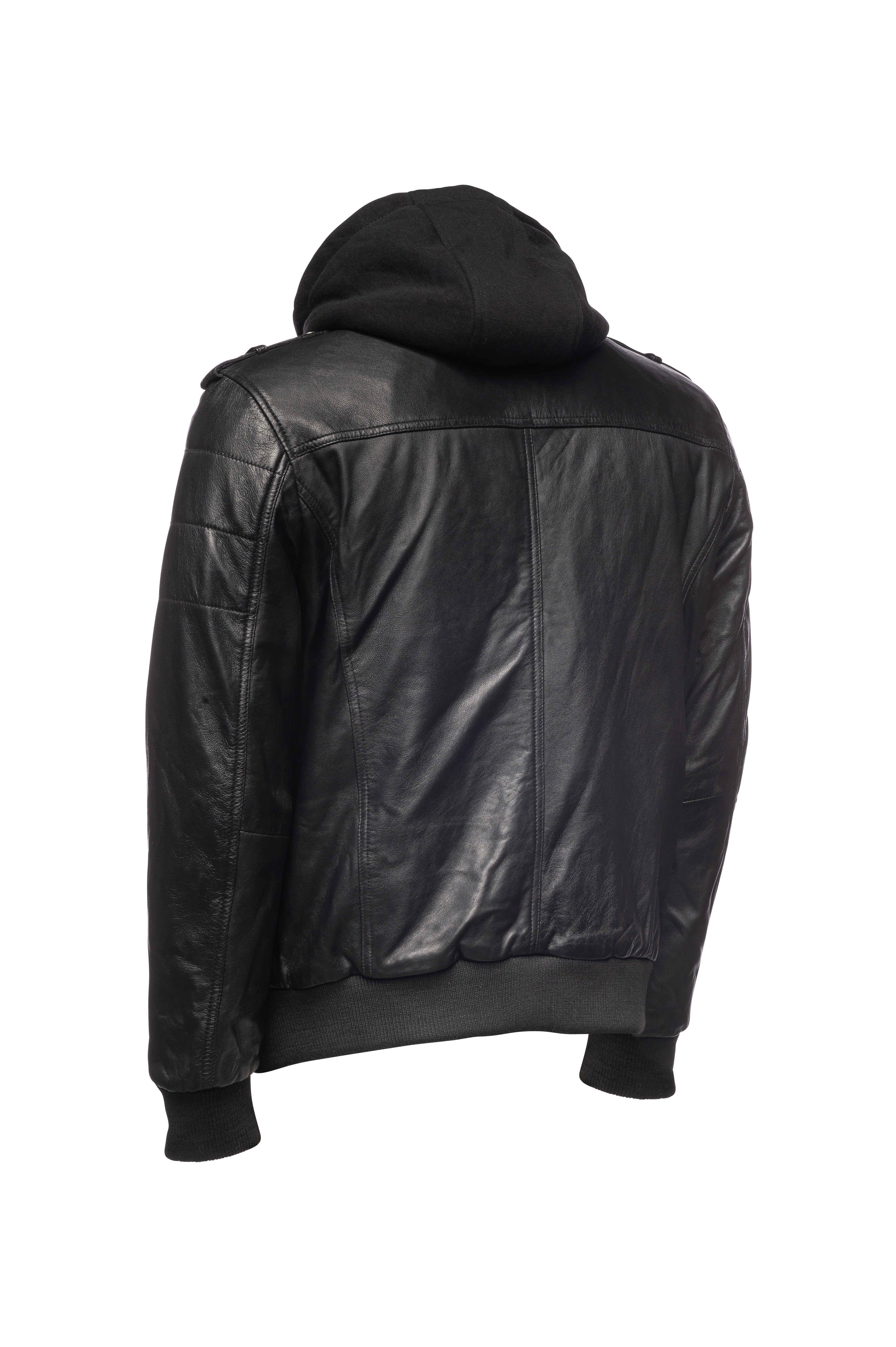 Mens Black Leather Bomber Jacket - Real Leather Jacket with Hood by FJackets